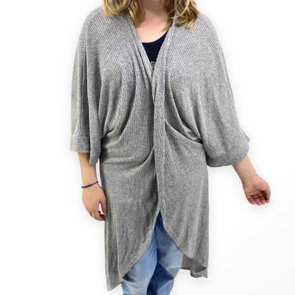 SAGE THE LABEL Gray Ribbed Knit Open Front Half Sleeve Cardigan - Picture 1 of 6